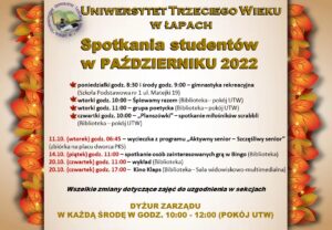 Plan zajęć studentów Uniwersytetu Trzeciego Wieku w październiku 2022