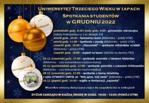 Plan zajęć studentów Uniwersytetu Trzeciego Wieku w grudniu 2022