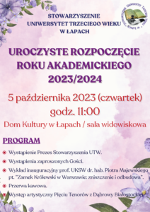 Inauguracja roku akademickiego 2023/2024 Stowarzyszenia Uniwersytet Trzeciego Wieku w Łapach