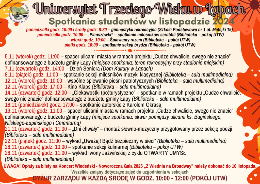 Plan zajęć studentów Uniwersytetu Trzeciego Wieku w listopadzie