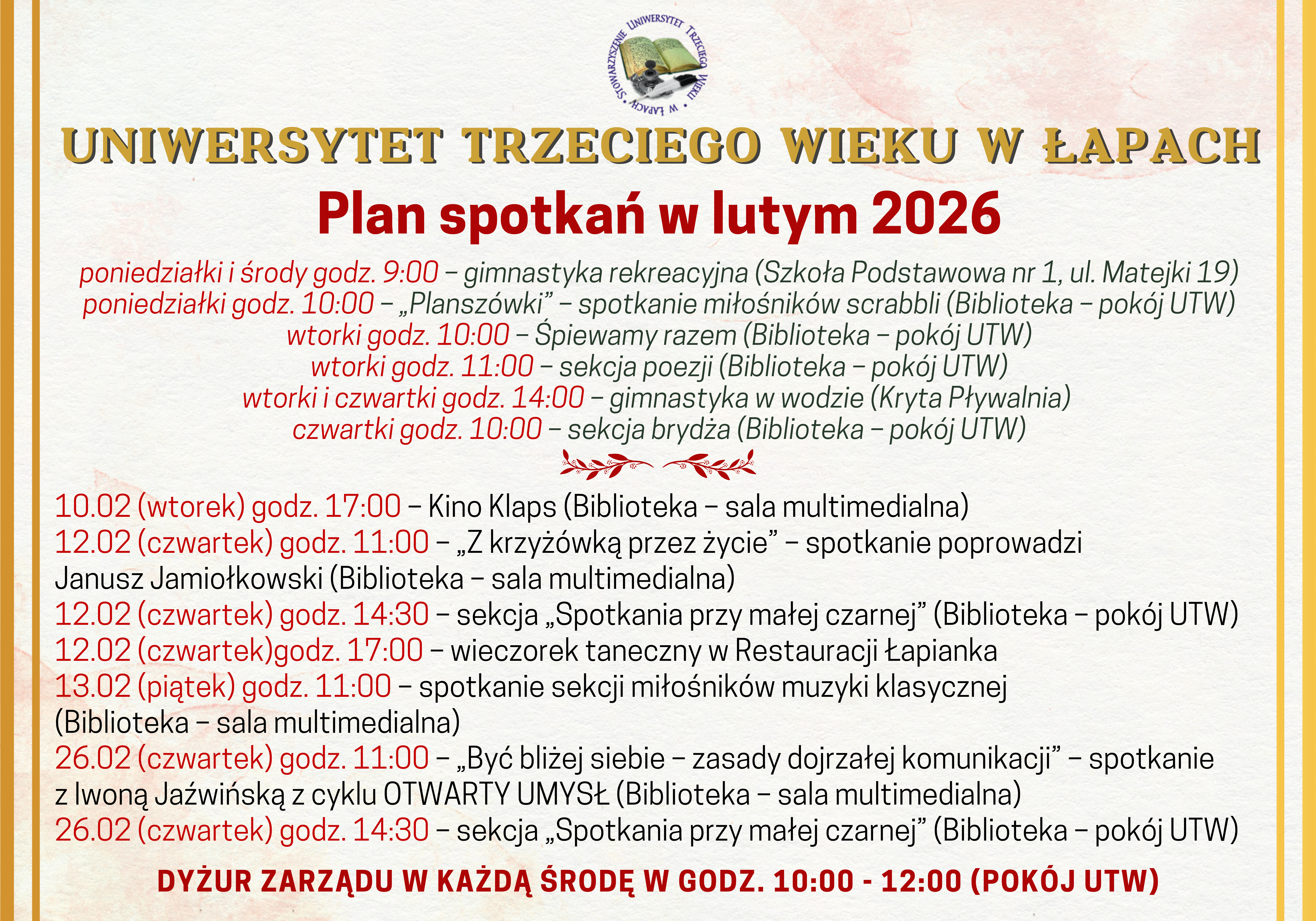 Plan spotkań słuchaczy Uniwersytetu Trzeciego Wieku w lutym