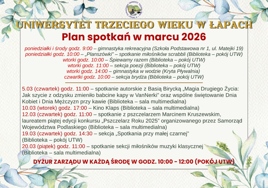 Plan spotkań słuchaczy Uniwersytetu Trzeciego Wieku w marcu