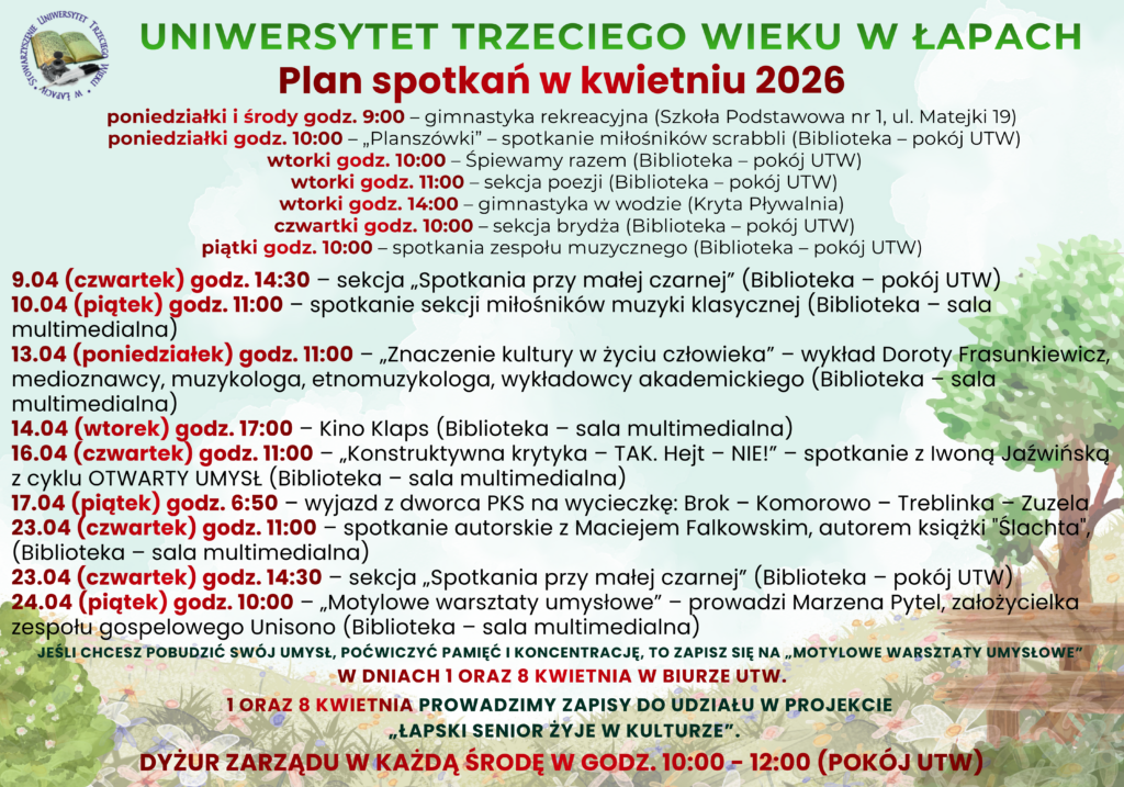 Plan spotkań słuchaczy Uniwersytetu Trzeciego Wieku w kwietniu