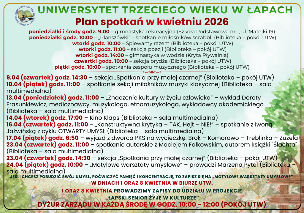 Plan spotkań słuchaczy Uniwersytetu Trzeciego Wieku w kwietniu
