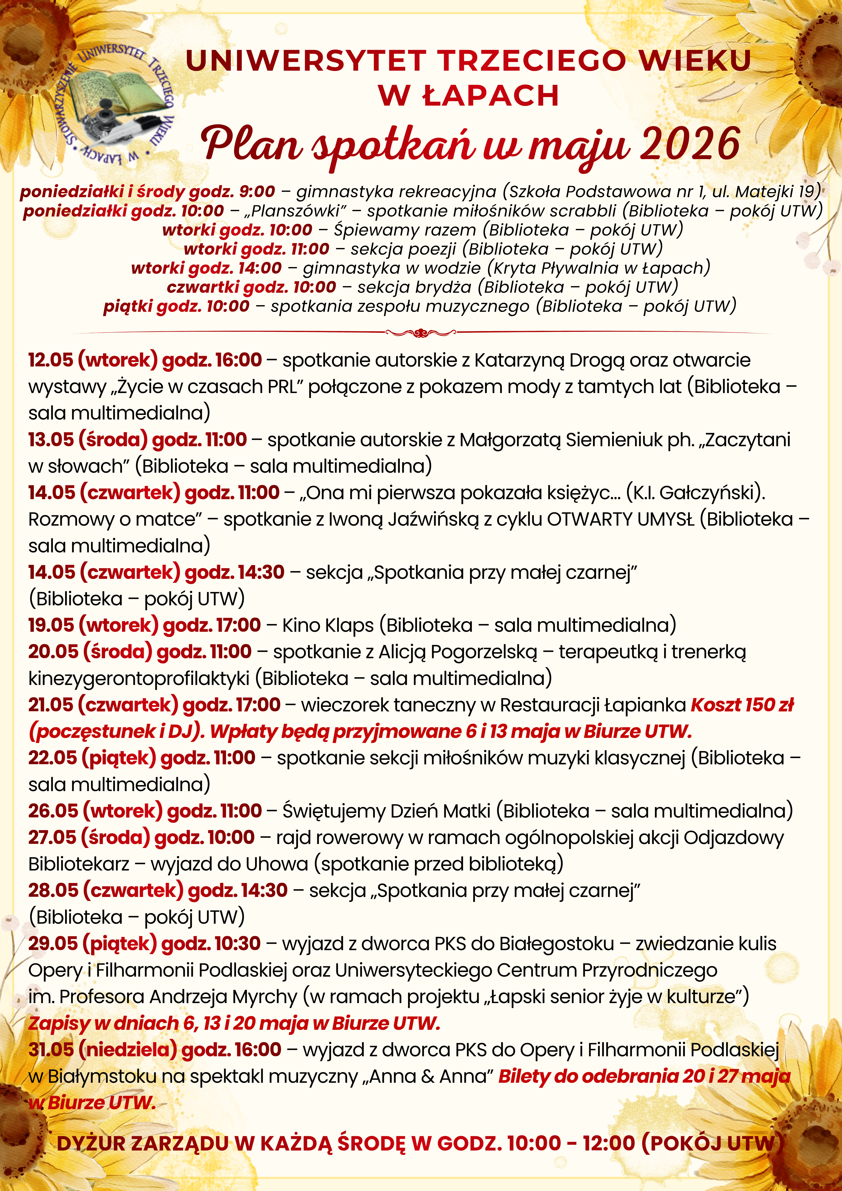 Plan spotkań słuchaczy Uniwersytetu Trzeciego Wieku w maju