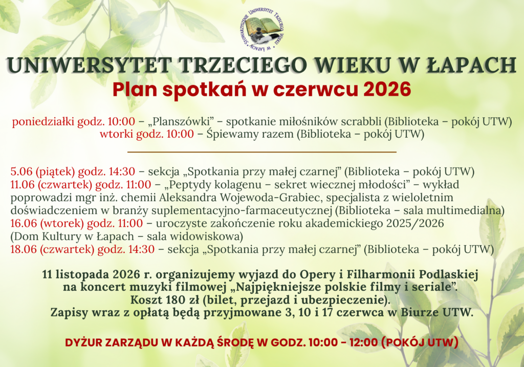 Plan spotkań słuchaczy Uniwersytetu Trzeciego Wieku w czerwcu