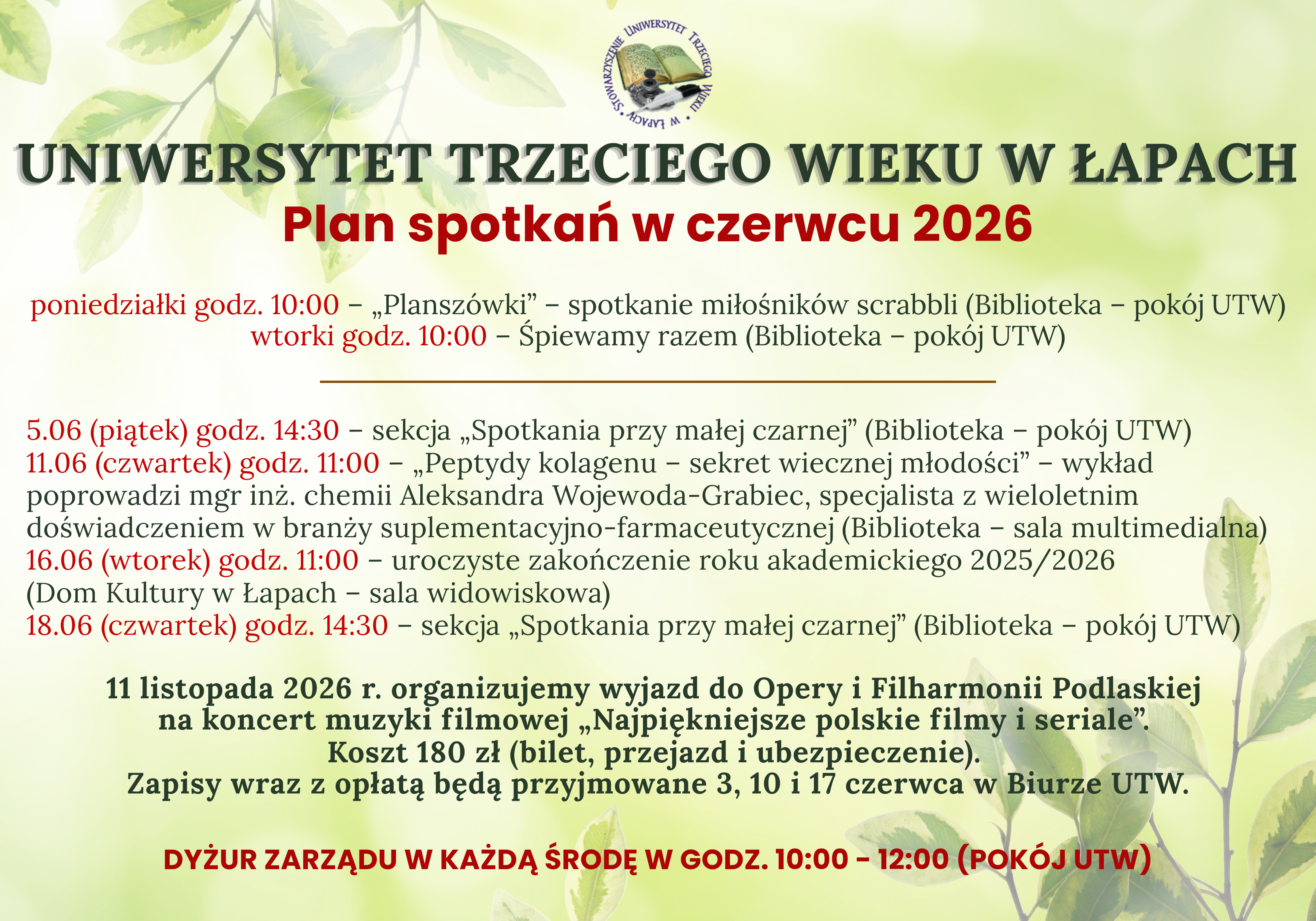 Plan spotkań słuchaczy Uniwersytetu Trzeciego Wieku w czerwcu